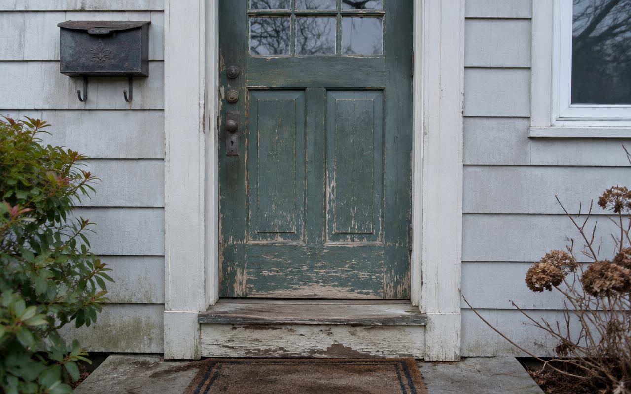 Weak old entry door replaced with a secure new door and hardware — before