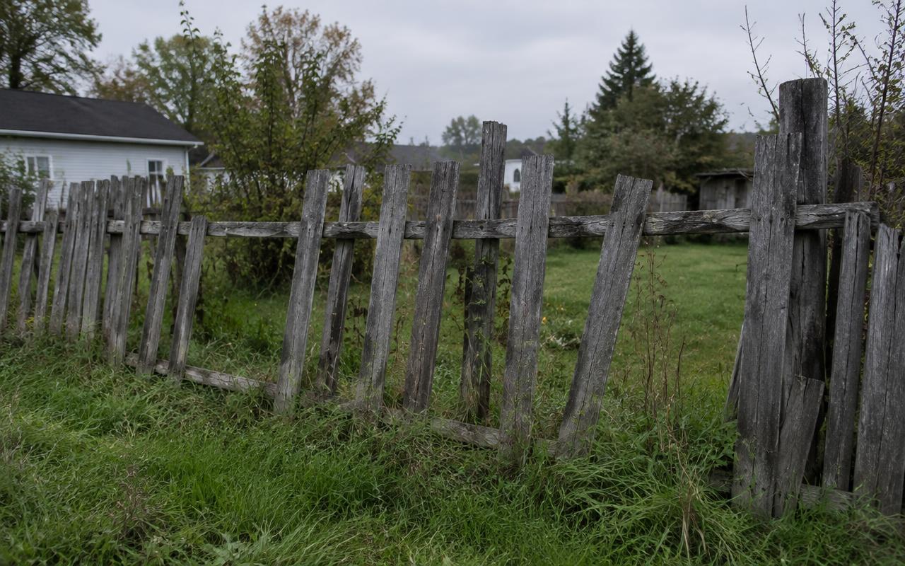 Leaning old wood fence replaced with a new cedar privacy fence — before