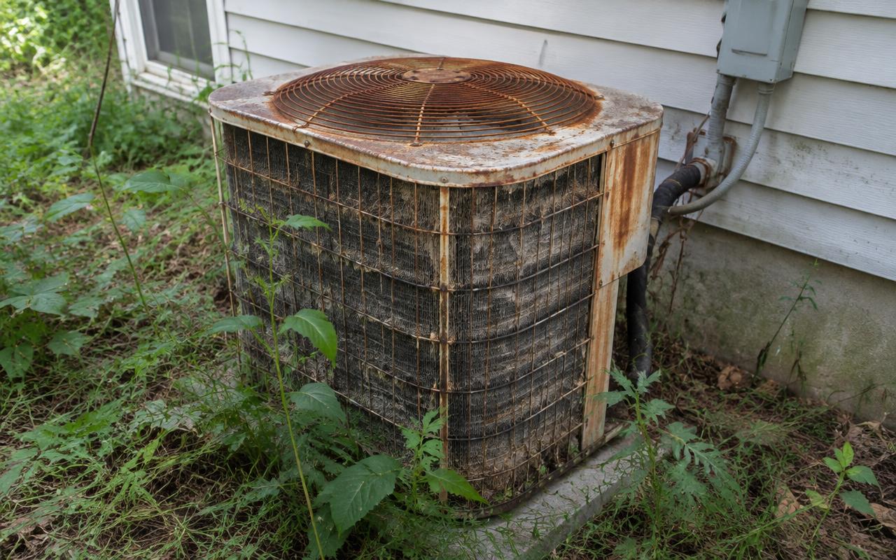 Rusted old air conditioner replaced with a new high-efficiency heat pump — before