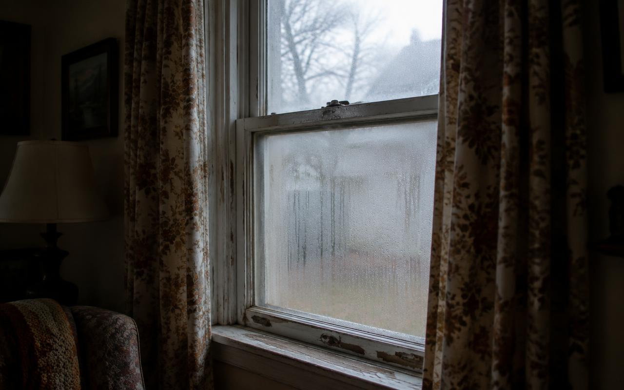 Old drafty window replaced with a new insulated double-hung window — before